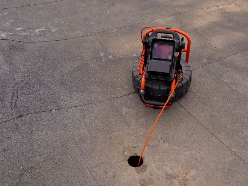 Caméra d’inspection de tuyaux équipée d’un câble orange insérée dans un trou pour une analyse.