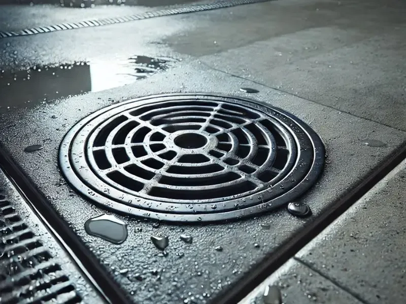 Un drain de garage propre avec de l'eau stagnante sur le sol.