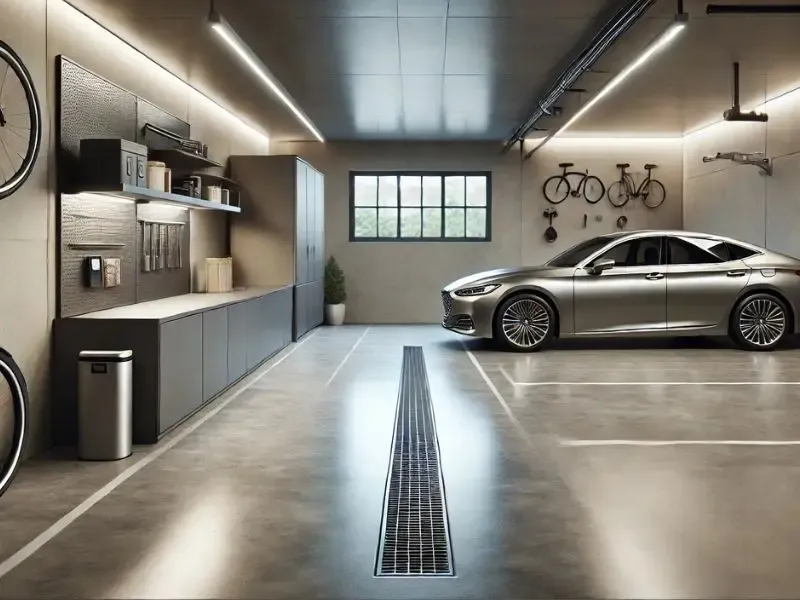 Un garage moderne et bien organisé avec une voiture garée et un drain de sol central.