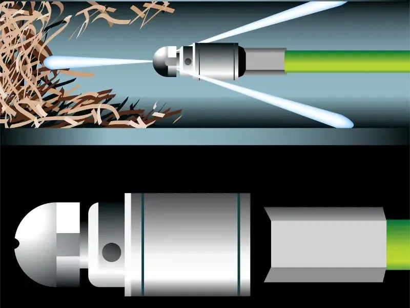 Illustration d'une buse d'hydro-pression nettoyant un tuyau obstrué avec des jets d'eau puissants.