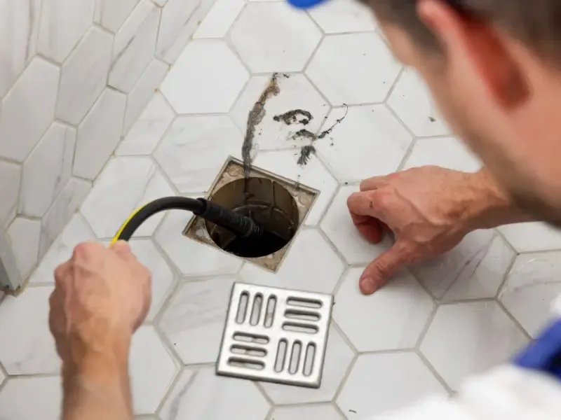 Un plombier nettoyant un drain de sol obstrué dans une salle de bain avec un tuyau haute pression.