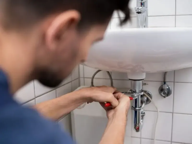 Un plombier réparant un tuyau sous un lavabo avec une clé.